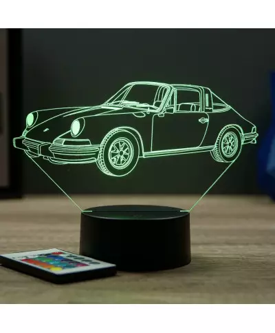 Lampe illusion 3D en verre acrylique gravée au laser représentant une voiture Porsche 911 Targa 1973.