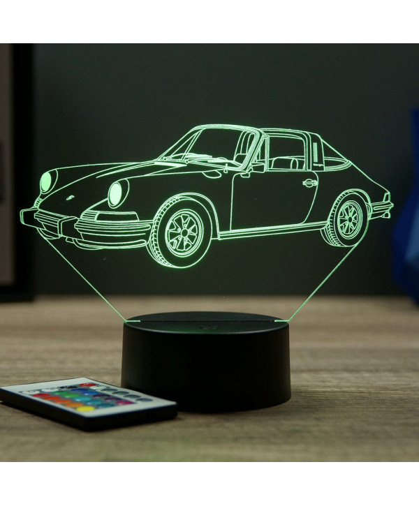 Lampe illusion 3D en verre acrylique gravée au laser représentant une voiture Porsche 911 Targa 1973.
