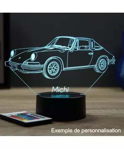 Lampe illusion 3D en verre acrylique gravée au laser représentant une voiture Porsche 911 Targa 1973.