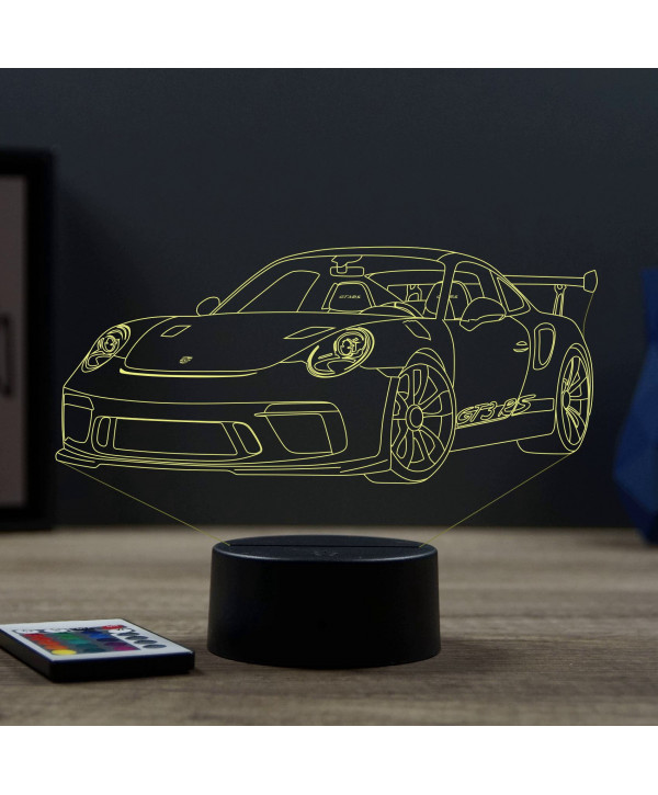 Lampe illusion 3D en verre acrylique gravée au laser représentant une voiture Porsche 911 GT3 RS.