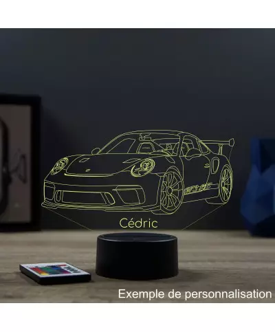 Lampe illusion 3D en verre acrylique gravée au laser représentant une voiture Porsche 911 GT3 RS.