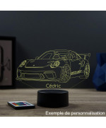 Lampe illusion 3D en verre acrylique gravée au laser représentant une voiture Porsche 911 GT3 RS.