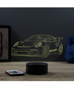 Lampe illusion 3D en verre acrylique gravée au laser représentant une voiture Porsche 911 GT3 RS.