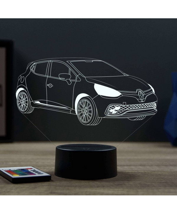 Lampe illusion 3D en verre acrylique gravée au laser représentant une voiture Renault Clio 4 RS.