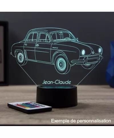 Lampe illusion 3D en verre acrylique gravée au laser représentant une voiture Renault Dauphine.