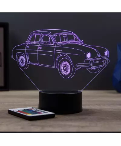 Lampe illusion 3D en verre acrylique gravée au laser représentant une voiture Renault Dauphine.