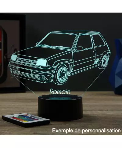 Lampe illusion 3D en verre acrylique gravée au laser représentant une voiture Renault Super 5 GT Turbo.