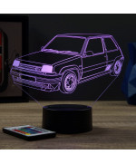 Lampe illusion 3D en verre acrylique gravée au laser représentant une voiture Renault Super 5 GT Turbo.