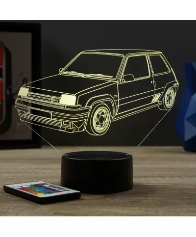 Lampe illusion 3D en verre acrylique gravée au laser représentant une voiture Renault Super 5 GT Turbo.
