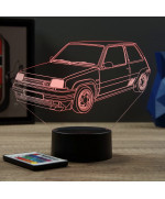Lampe illusion 3D en verre acrylique gravée au laser représentant une voiture Renault Super 5 GT Turbo.