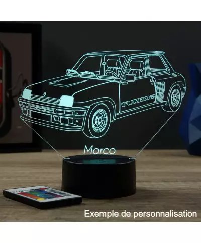 Lampe illusion 3D en verre acrylique gravée au laser représentant une voiture Renault R5 Turbo 2.