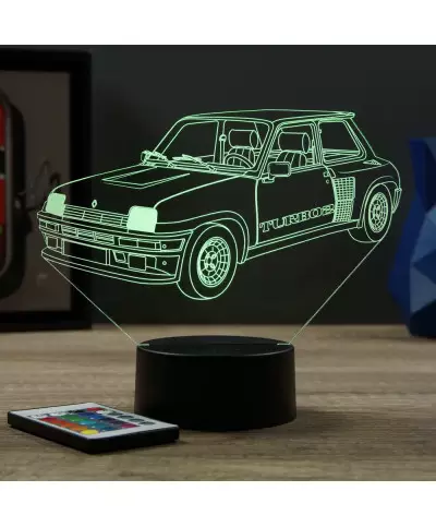 Lampe illusion 3D en verre acrylique gravée au laser représentant une voiture Renault R5 Turbo 2.