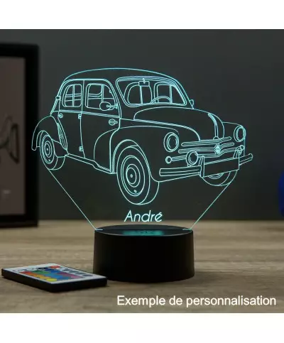 Lampe illusion 3D en verre acrylique gravée au laser représentant une voiture Renault 4CV 1960.