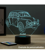 Lampe illusion 3D en verre acrylique gravée au laser représentant une voiture Renault 4CV 1960.