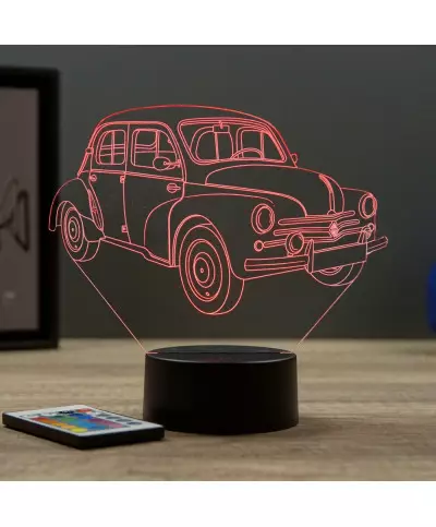 Lampe illusion 3D en verre acrylique gravée au laser représentant une voiture Renault 4CV 1960.