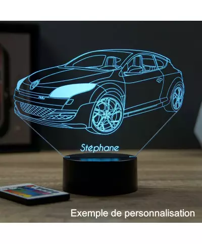 Lampe illusion 3D en verre acrylique gravée au laser représentant une voiture Renault Mégane 3 RS.