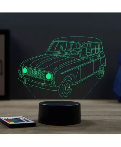 Lampe illusion 3D en verre acrylique gravée au laser représentant une voiture Renault 4L.