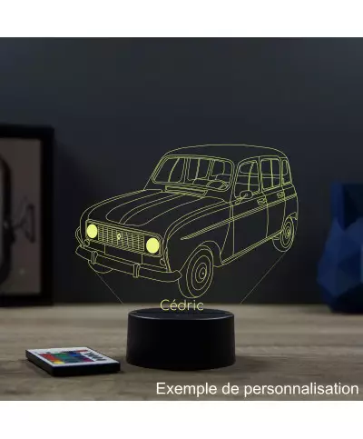 Lampe illusion 3D en verre acrylique gravée au laser représentant une voiture Renault 4L.