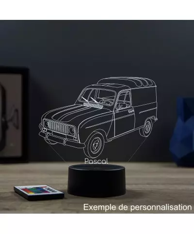 Lampe illusion 3D en verre acrylique gravée au laser représentant une voiture Renault 4L F4.