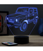 Lampe illusion 3D en verre acrylique gravée au laser représentant une voiture Suzuki Samouraï.