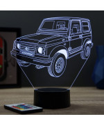 Lampe illusion 3D en verre acrylique gravée au laser représentant une voiture Suzuki Samouraï.