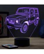 Lampe illusion 3D en verre acrylique gravée au laser représentant une voiture Suzuki Samouraï.