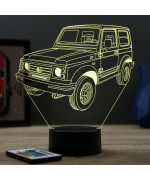 Lampe illusion 3D en verre acrylique gravée au laser représentant une voiture Suzuki Samouraï.