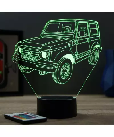 Lampe illusion 3D en verre acrylique gravée au laser représentant une voiture Suzuki Samouraï.
