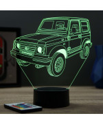 Lampe illusion 3D en verre acrylique gravée au laser représentant une voiture Suzuki Samouraï.