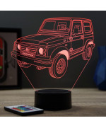 Lampe illusion 3D en verre acrylique gravée au laser représentant une voiture Suzuki Samouraï.