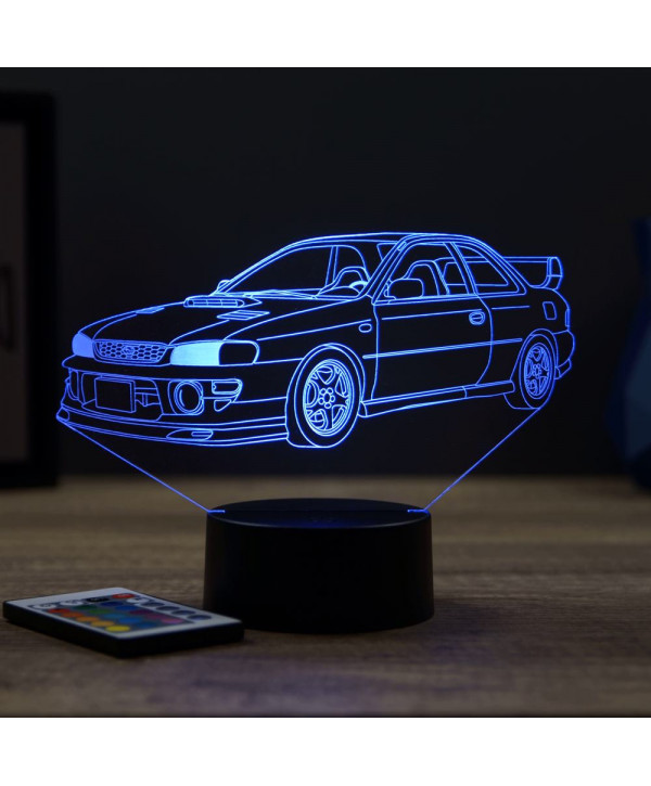 Lampe illusion 3D en verre acrylique gravée au laser représentant une voiture Subaru Impreza 1999.
