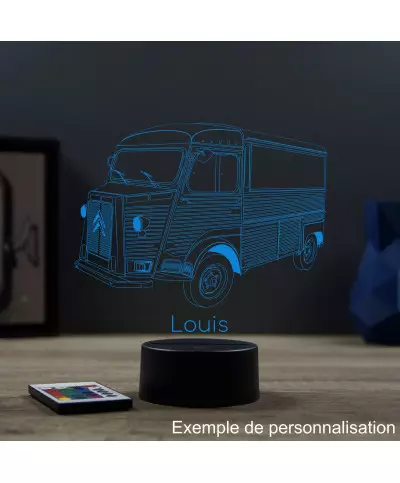 Lampe illusion 3D en verre acrylique gravée au laser représentant un fourgon Citroën type H.