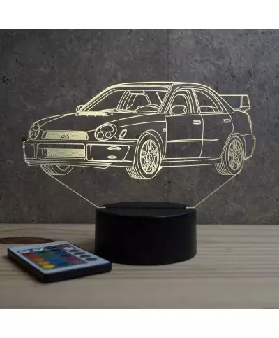Lampe illusion 3D en verre acrylique gravée au laser représentant une voiture Subaru Impreza 2001.