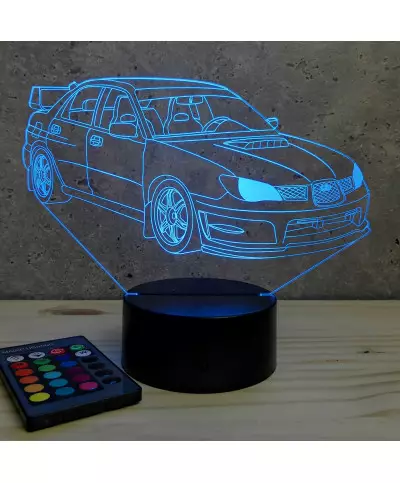 Lampe illusion 3D en verre acrylique gravée au laser représentant une voiture Subaru Impreza 2016.