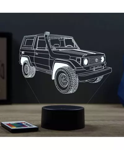 Lampe illusion 3D en verre acrylique gravée au laser représentant une voiture tout terrain Toyota Land Cruiser FJ73.