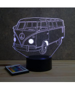 Lampe illusion 3D en verre acrylique gravée au laser représentant une voiture VW Combi T1.