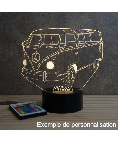 Lampe illusion 3D en verre acrylique gravée au laser représentant une voiture VW Combi T1.