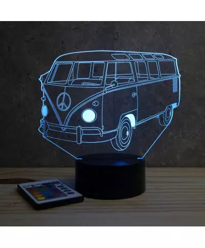 Lampe illusion 3D en verre acrylique gravée au laser représentant une voiture VW Combi T1.