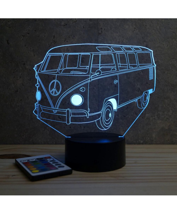 Lampe illusion 3D en verre acrylique gravée au laser représentant une voiture VW Combi T1.
