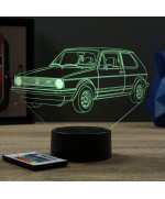Lampe illusion 3D en verre acrylique gravée au laser représentant une voiture VW Golf 1 GTI.