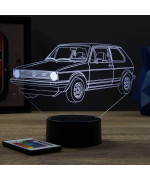 Lampe illusion 3D en verre acrylique gravée au laser représentant une voiture VW Golf 1 GTI.