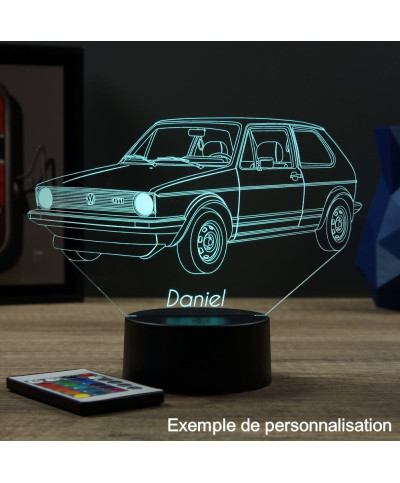 Lampe illusion 3D en verre acrylique gravée au laser représentant une voiture VW Golf 1 GTI.