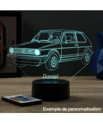 Lampe illusion 3D en verre acrylique gravée au laser représentant une voiture VW Golf 1 GTI.