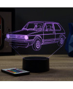 Lampe illusion 3D en verre acrylique gravée au laser représentant une voiture VW Golf 1 GTI.