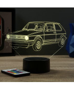 Lampe illusion 3D en verre acrylique gravée au laser représentant une voiture VW Golf 1 GTI.